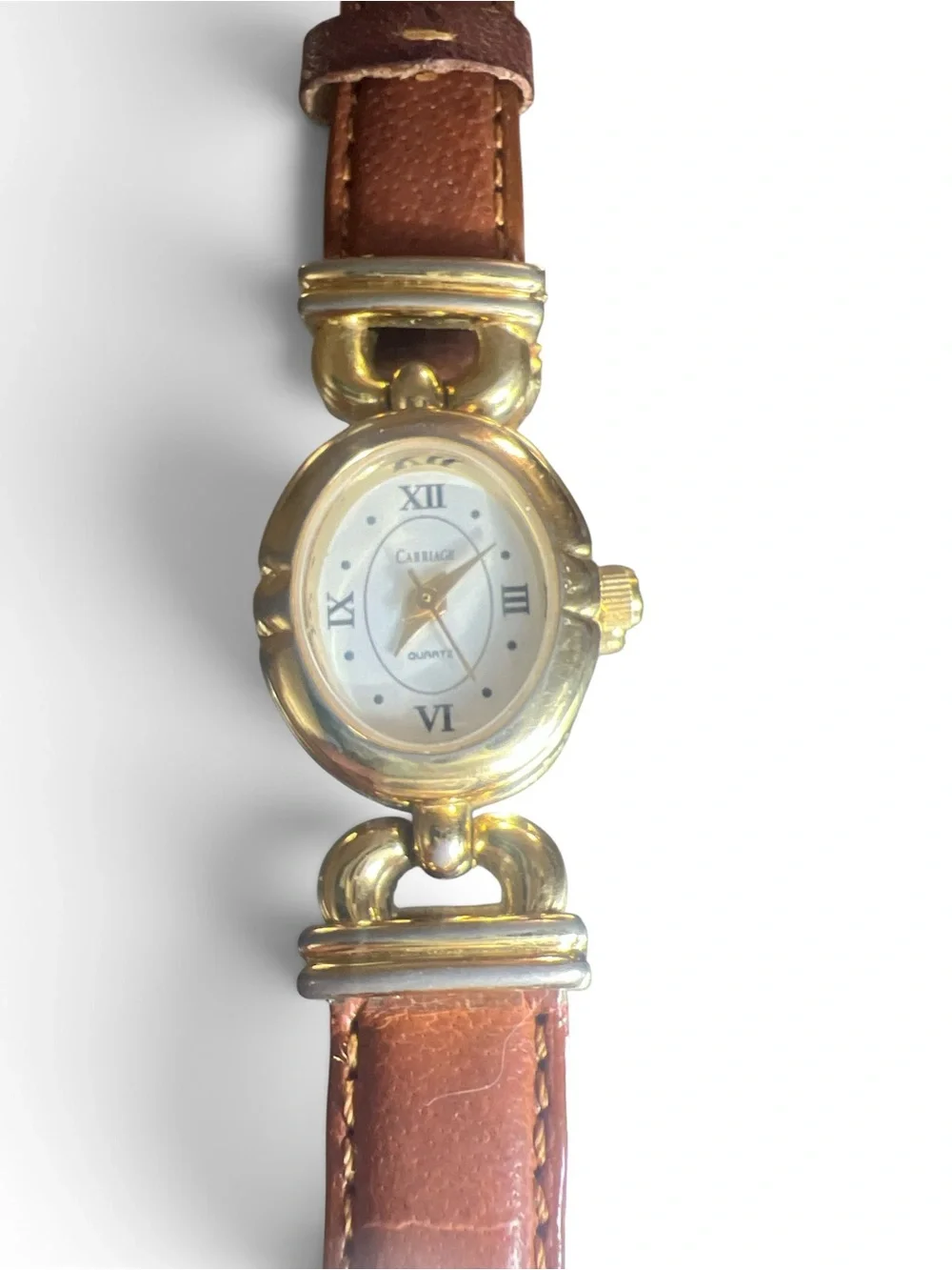 Carriage Womens Gold Tone Oval Watch Brown Leather Strap Roman Numeral Quartz